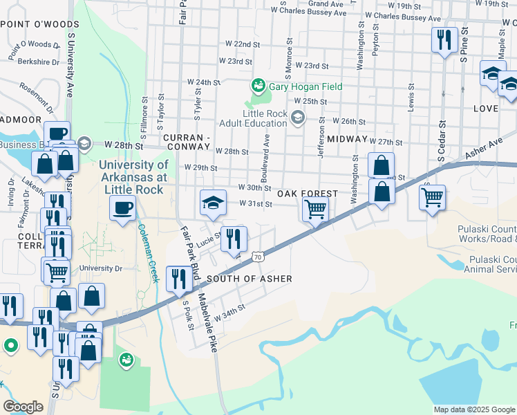 map of restaurants, bars, coffee shops, grocery stores, and more near 4919 West 31st Street in Little Rock
