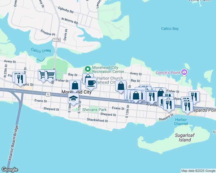 map of restaurants, bars, coffee shops, grocery stores, and more near 1403 Fisher Street in Morehead City