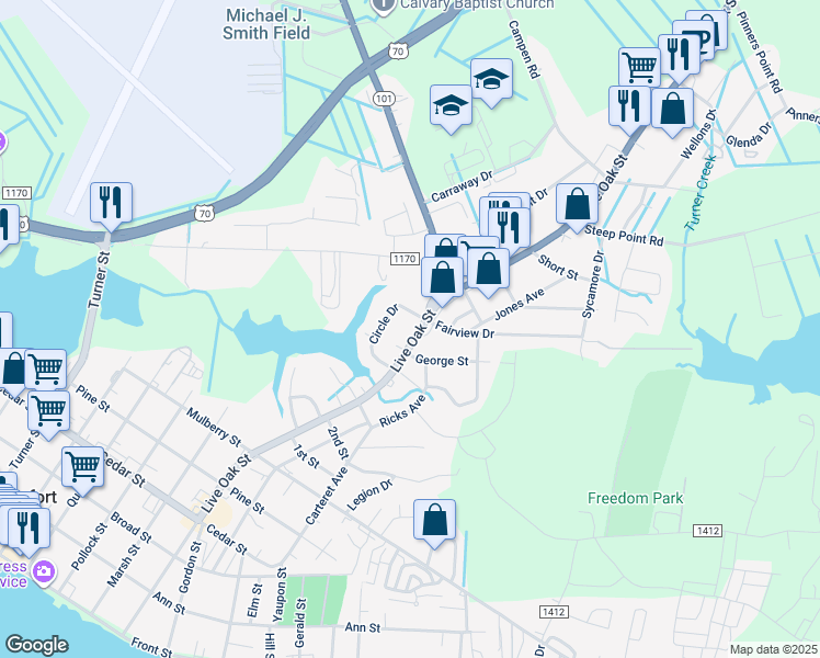 map of restaurants, bars, coffee shops, grocery stores, and more near 1311 Live Oak Street in Beaufort