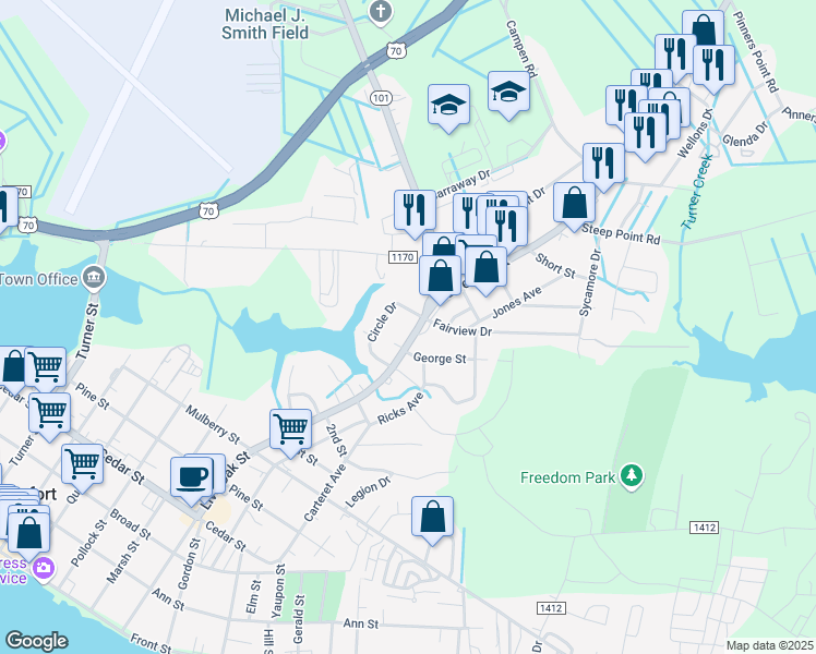 map of restaurants, bars, coffee shops, grocery stores, and more near 1311 Live Oak Street in Beaufort