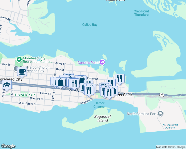 map of restaurants, bars, coffee shops, grocery stores, and more near 705 Bay Street in Morehead City