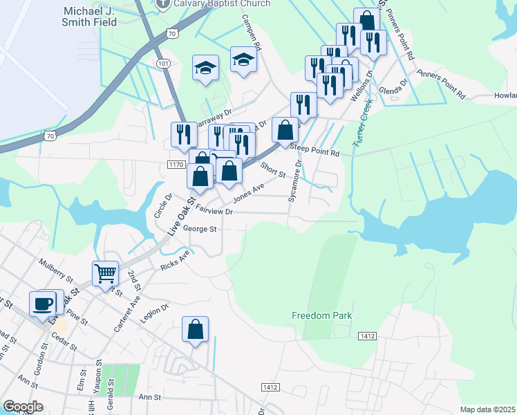 map of restaurants, bars, coffee shops, grocery stores, and more near 301 Fairview Drive in Beaufort
