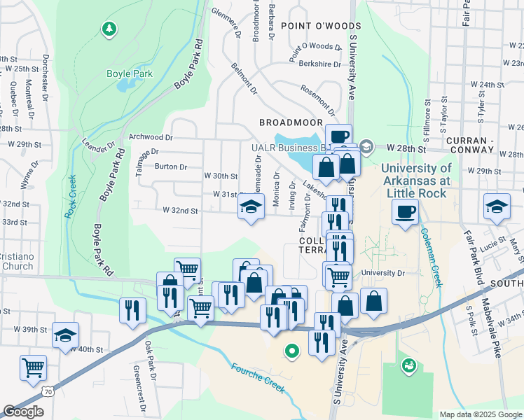 map of restaurants, bars, coffee shops, grocery stores, and more near 6420 West 32nd Street in Little Rock