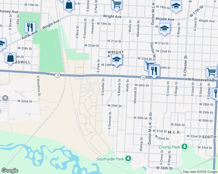 map of restaurants, bars, coffee shops, grocery stores, and more near 2619 South Schiller Street in Little Rock