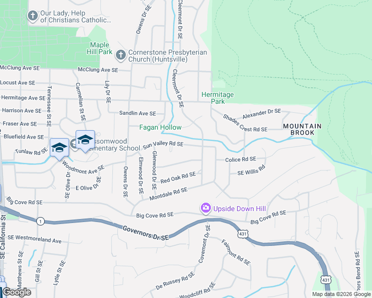 map of restaurants, bars, coffee shops, grocery stores, and more near 1708 Sun Valley Road Southeast in Huntsville