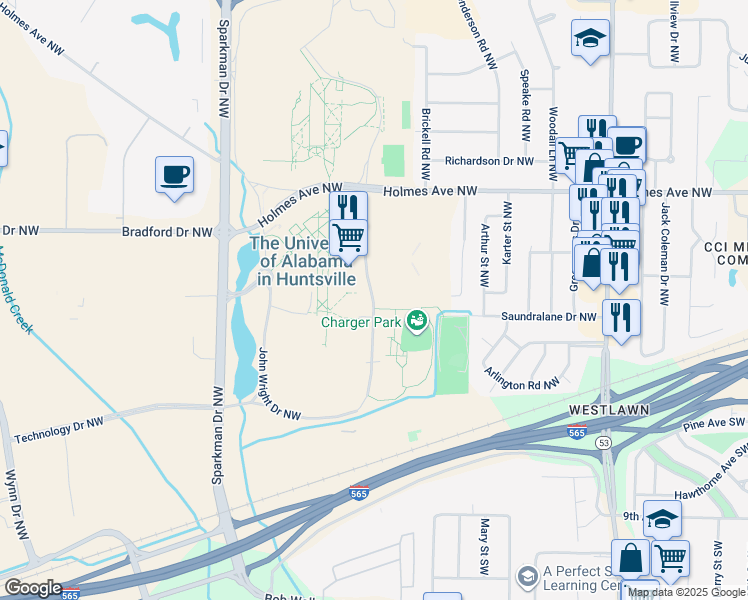 map of restaurants, bars, coffee shops, grocery stores, and more near 600 John Wright Drive Northwest in Huntsville