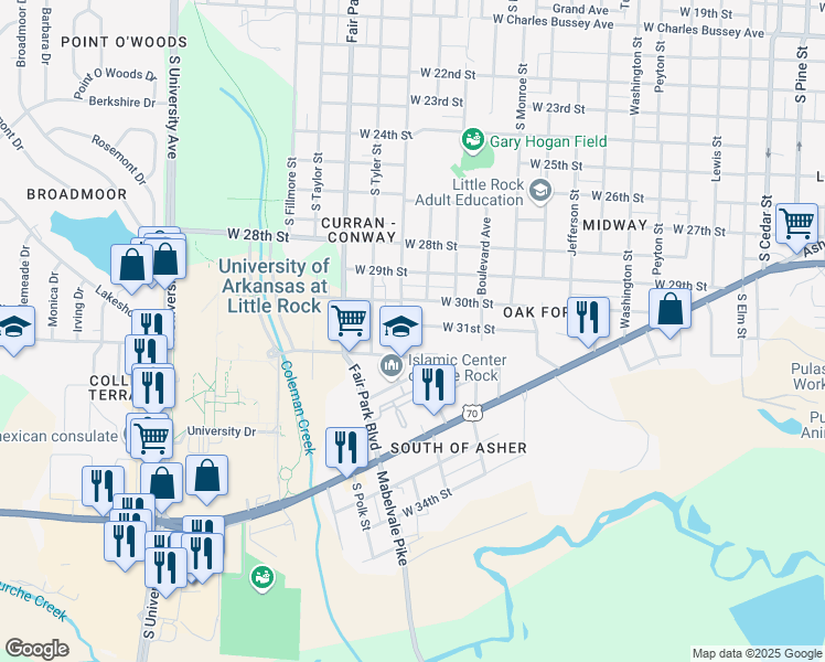 map of restaurants, bars, coffee shops, grocery stores, and more near 5215 West 31st Street in Little Rock