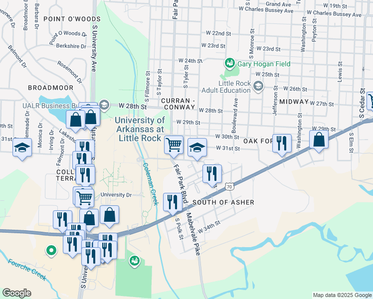map of restaurants, bars, coffee shops, grocery stores, and more near 3101 South Tyler Street in Little Rock