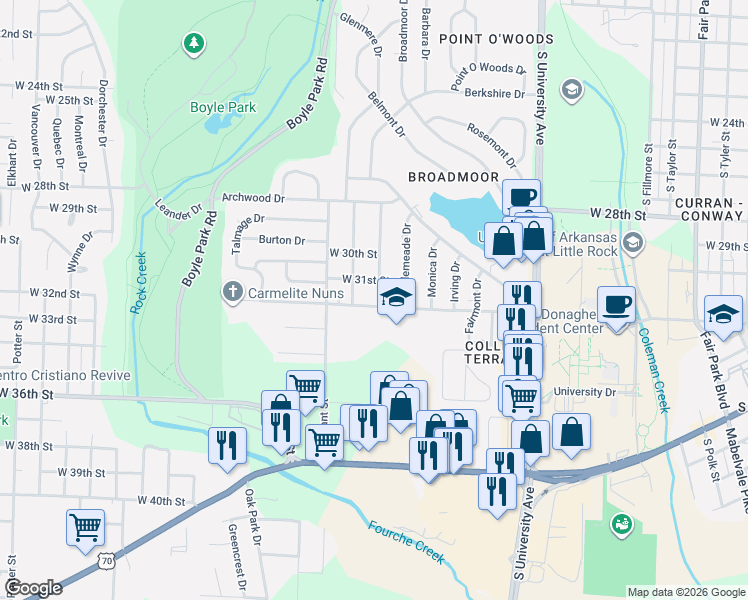 map of restaurants, bars, coffee shops, grocery stores, and more near 6600 West 32nd Street in Little Rock