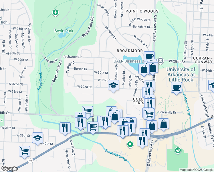 map of restaurants, bars, coffee shops, grocery stores, and more near 6600 West 32nd Street in Little Rock