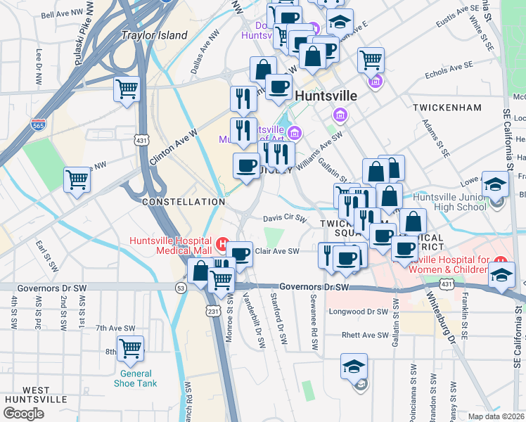 map of restaurants, bars, coffee shops, grocery stores, and more near 805 Monroe Street Southwest in Huntsville