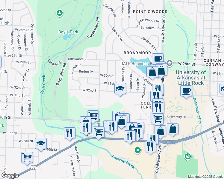 map of restaurants, bars, coffee shops, grocery stores, and more near 6600 West 32nd Street in Little Rock