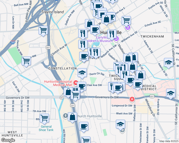 map of restaurants, bars, coffee shops, grocery stores, and more near 605 Davis Circle Southwest in Huntsville