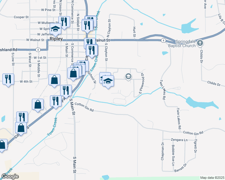 map of restaurants, bars, coffee shops, grocery stores, and more near 718 South Clayton Street in Ripley