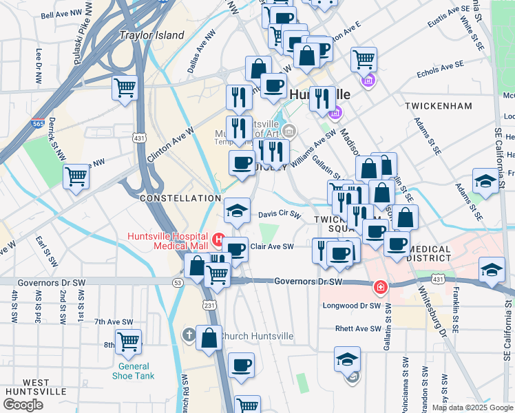 map of restaurants, bars, coffee shops, grocery stores, and more near 605 Davis Circle Southwest in Huntsville