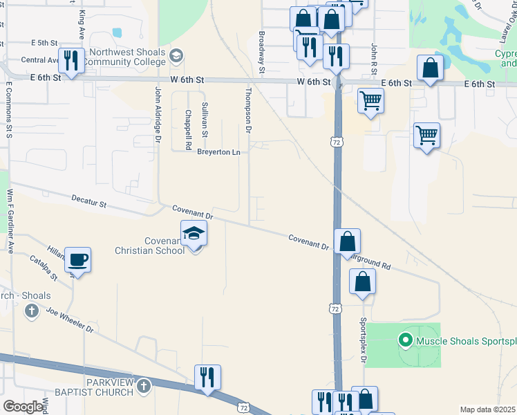 map of restaurants, bars, coffee shops, grocery stores, and more near Thompson Drive in Tuscumbia