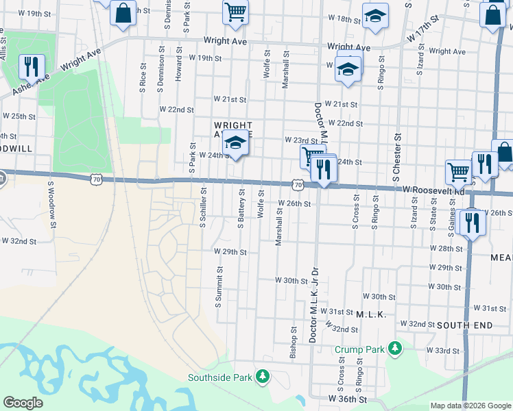 map of restaurants, bars, coffee shops, grocery stores, and more near 2606 Wolfe Street in Little Rock