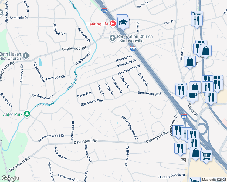 map of restaurants, bars, coffee shops, grocery stores, and more near 112 Dorian Drive in Simpsonville