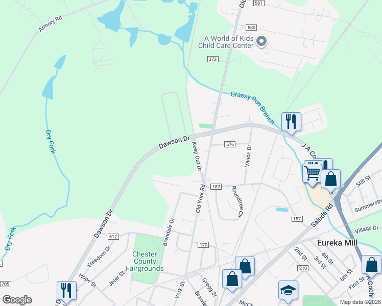 map of restaurants, bars, coffee shops, grocery stores, and more near 535 Keep Out Drive in Chester