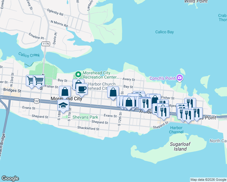 map of restaurants, bars, coffee shops, grocery stores, and more near 1209 Fisher Street in Morehead City