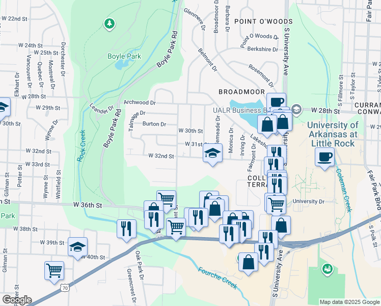 map of restaurants, bars, coffee shops, grocery stores, and more near 3118 Ware Street in Little Rock