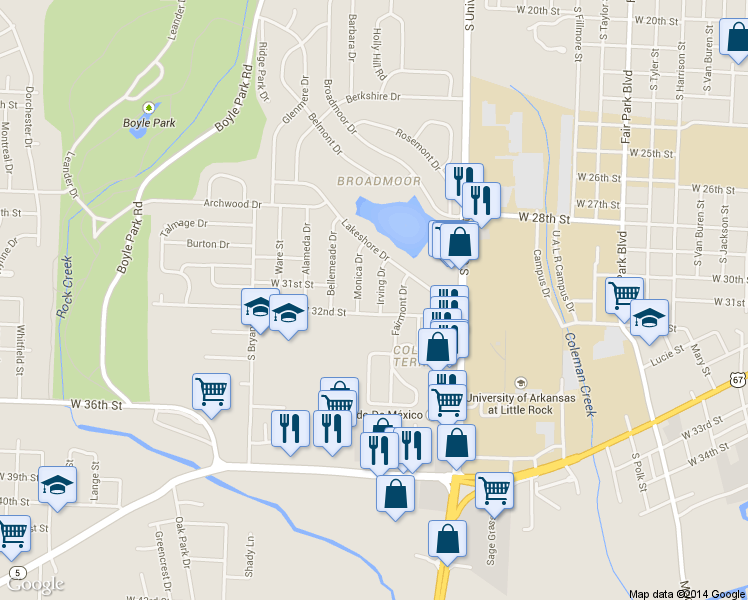 map of restaurants, bars, coffee shops, grocery stores, and more near 20 Irving Drive in Little Rock