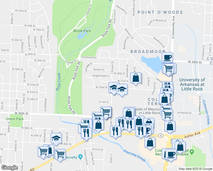 map of restaurants, bars, coffee shops, grocery stores, and more near 6821 West 32nd Street in Little Rock