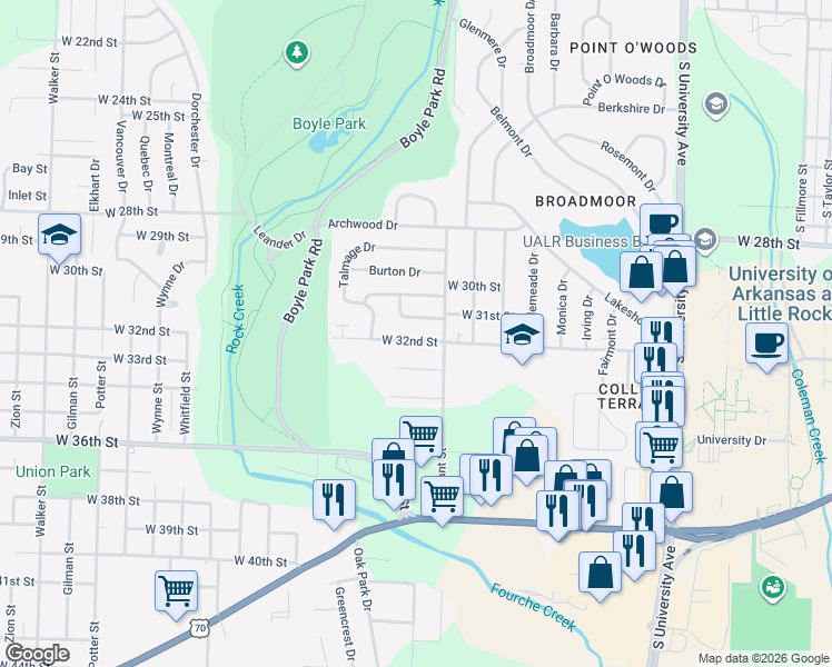 map of restaurants, bars, coffee shops, grocery stores, and more near 6821 West 32nd Street in Little Rock