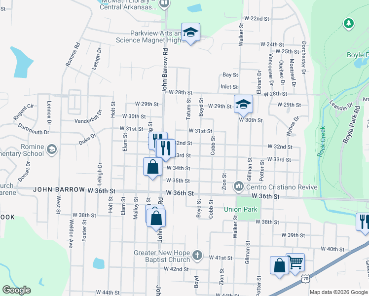 map of restaurants, bars, coffee shops, grocery stores, and more near 3221 Longcoy Street in Little Rock
