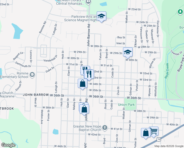 map of restaurants, bars, coffee shops, grocery stores, and more near 3221 Longcoy Street in Little Rock