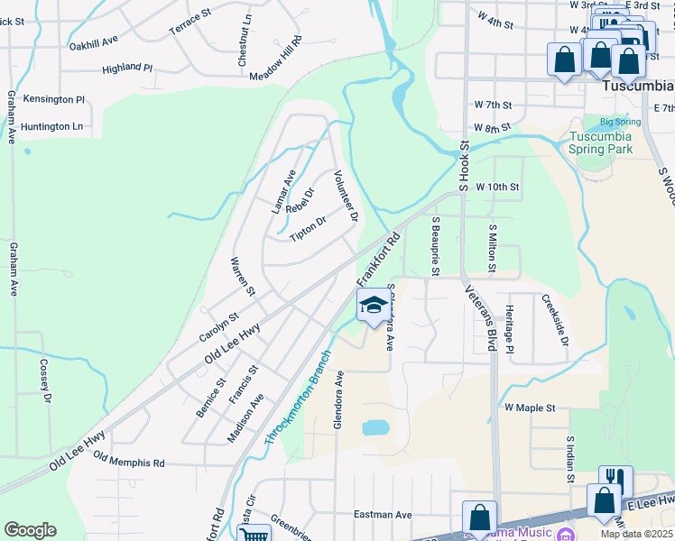map of restaurants, bars, coffee shops, grocery stores, and more near 800 Madison Street in Tuscumbia