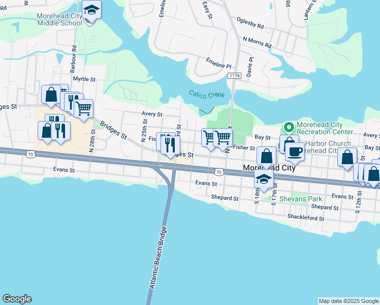 map of restaurants, bars, coffee shops, grocery stores, and more near 2113 Bridges Street in Morehead City