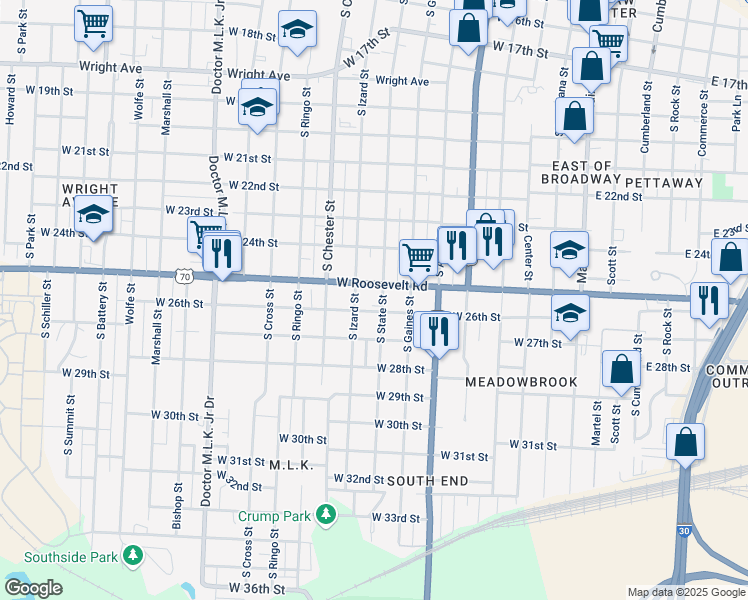 map of restaurants, bars, coffee shops, grocery stores, and more near 2600 South State Street in Little Rock