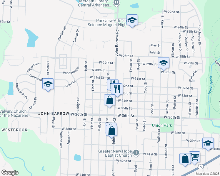 map of restaurants, bars, coffee shops, grocery stores, and more near 3224 John Barrow Road in Little Rock