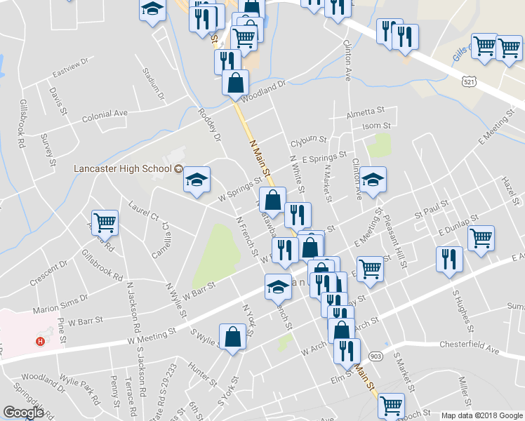 map of restaurants, bars, coffee shops, grocery stores, and more near North Catawba Street in Lancaster