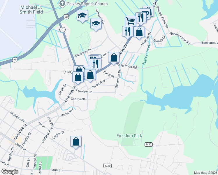 map of restaurants, bars, coffee shops, grocery stores, and more near 309 Fairview Drive in Beaufort