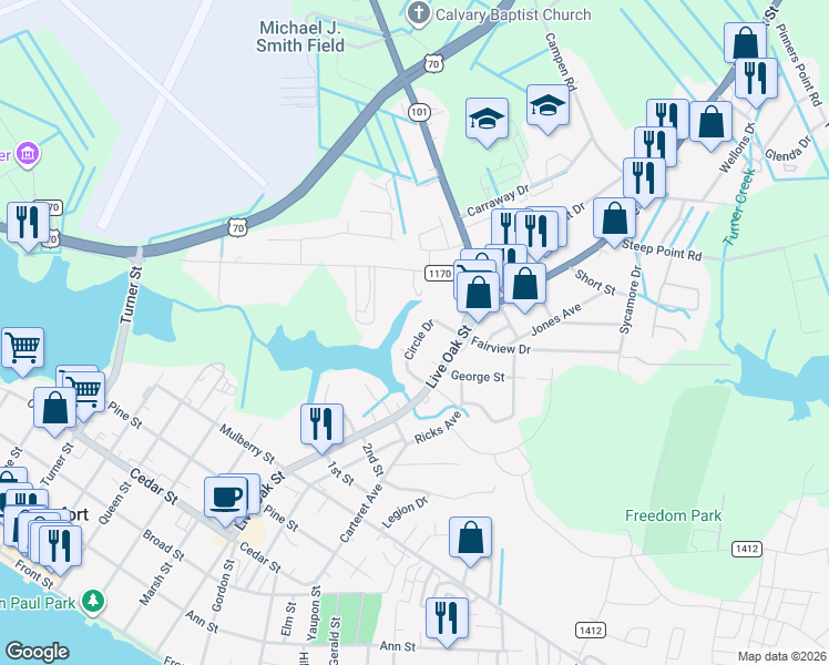map of restaurants, bars, coffee shops, grocery stores, and more near 100-128 Circle Dr in Beaufort