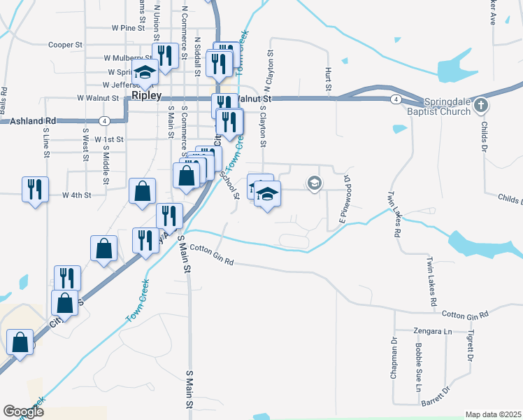 map of restaurants, bars, coffee shops, grocery stores, and more near 718 South Clayton Street in Ripley