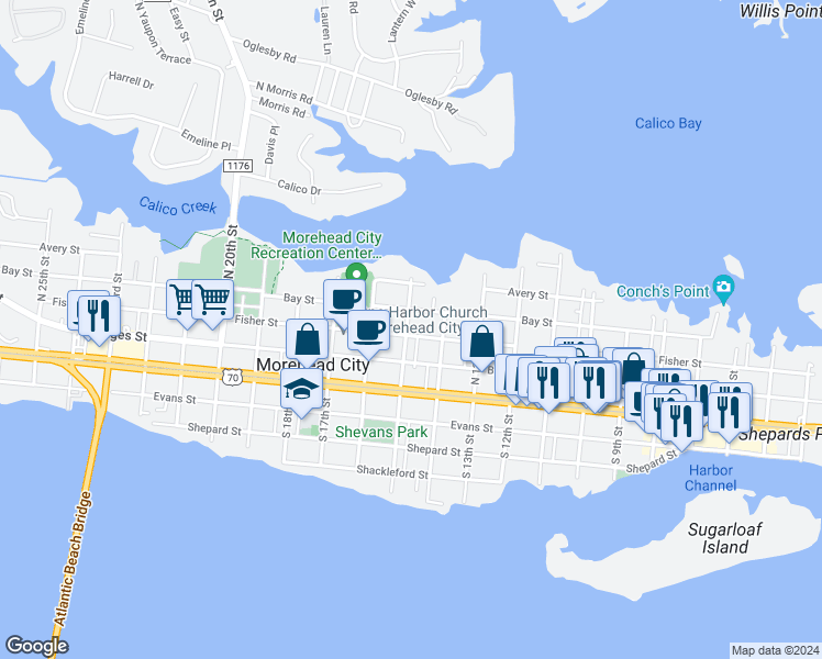 map of restaurants, bars, coffee shops, grocery stores, and more near 300 North 15th Street in Morehead City