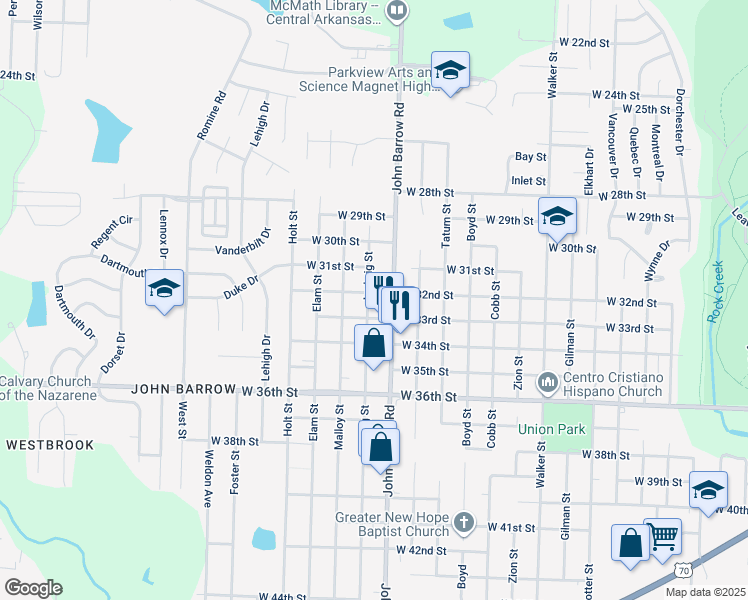 map of restaurants, bars, coffee shops, grocery stores, and more near 3205 Ludwig Street in Little Rock