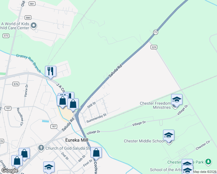 map of restaurants, bars, coffee shops, grocery stores, and more near 752 Saluda Road in Chester