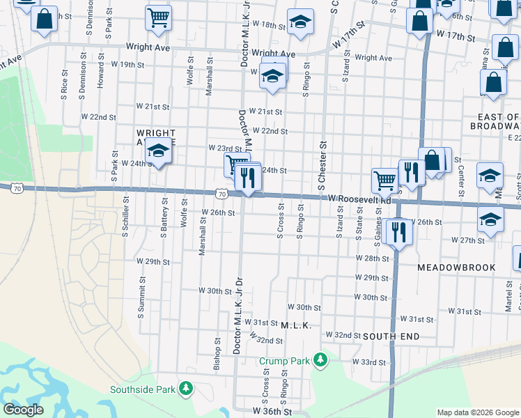 map of restaurants, bars, coffee shops, grocery stores, and more near 1305 West 26th Street in Little Rock
