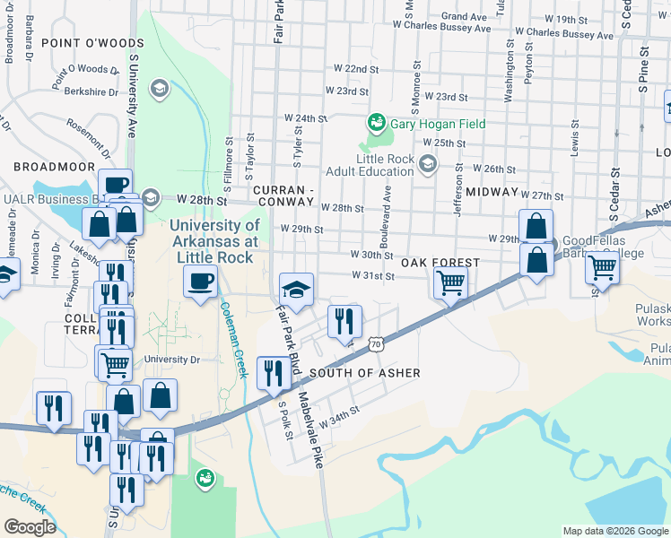 map of restaurants, bars, coffee shops, grocery stores, and more near 5215 West 31st Street in Little Rock