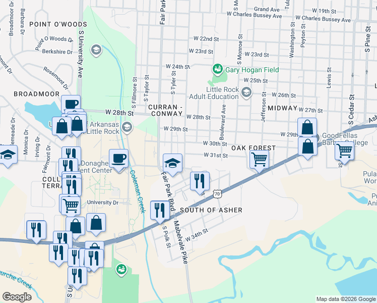 map of restaurants, bars, coffee shops, grocery stores, and more near 5215 West 31st Street in Little Rock
