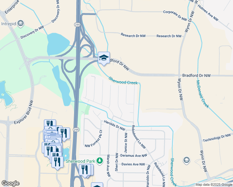 map of restaurants, bars, coffee shops, grocery stores, and more near 521 Delaney Road Northwest in Huntsville