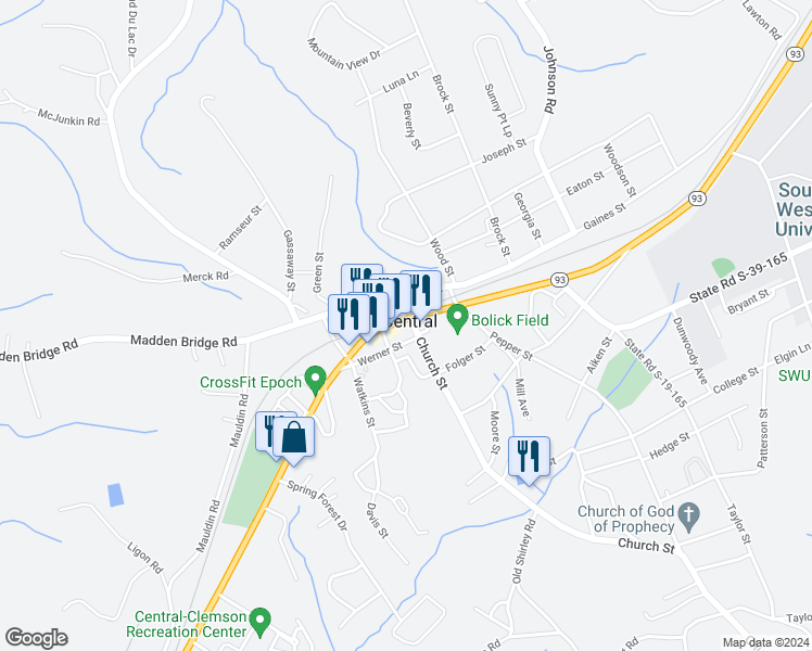 map of restaurants, bars, coffee shops, grocery stores, and more near 100 State Road S-39-18 in Central