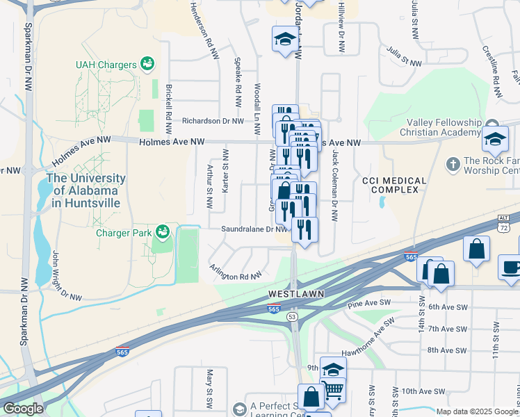 map of restaurants, bars, coffee shops, grocery stores, and more near 408 Warner Street Northwest in Huntsville