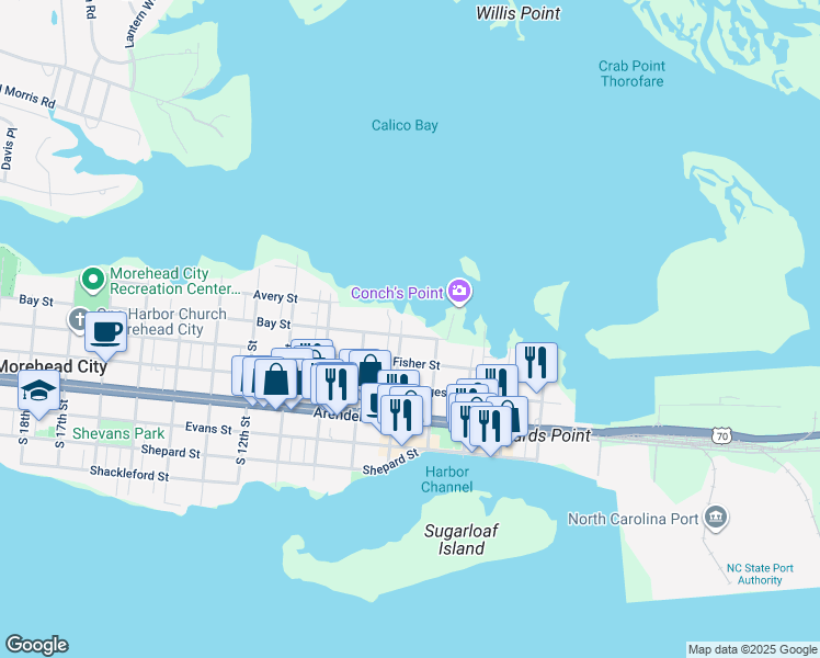 map of restaurants, bars, coffee shops, grocery stores, and more near 710 Bay Street in Morehead City