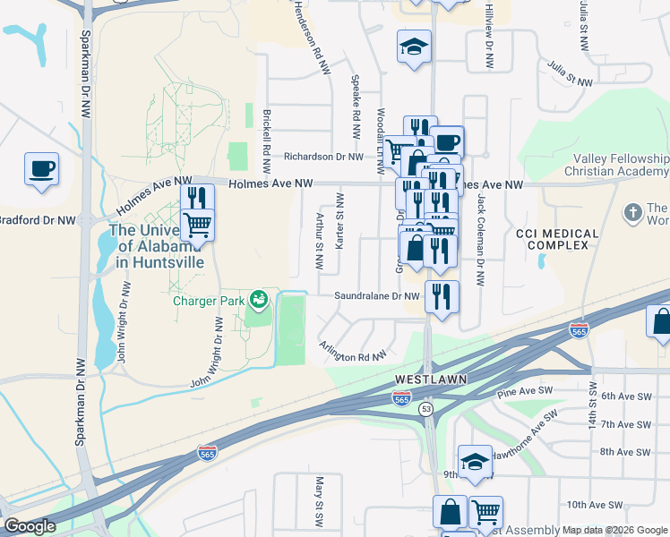 map of restaurants, bars, coffee shops, grocery stores, and more near 400 Arthur Street Northwest in Huntsville