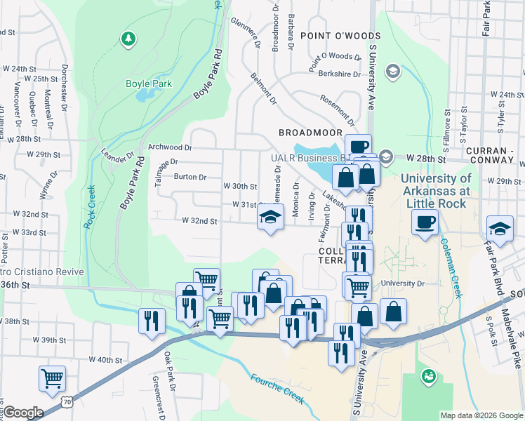 map of restaurants, bars, coffee shops, grocery stores, and more near 6600 West 32nd Street in Little Rock